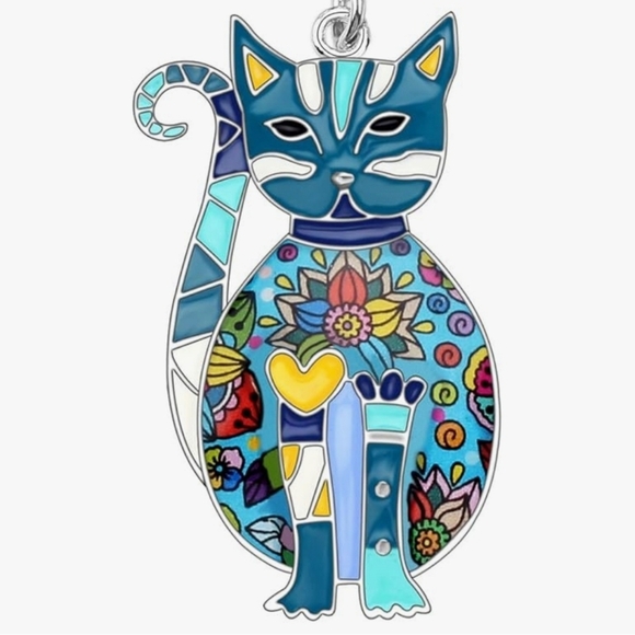 Floral Cat Necklace Enamel Kitten Pendant on Alloy Chain Jewelry for Cat Lovers - Picture 11 of 11